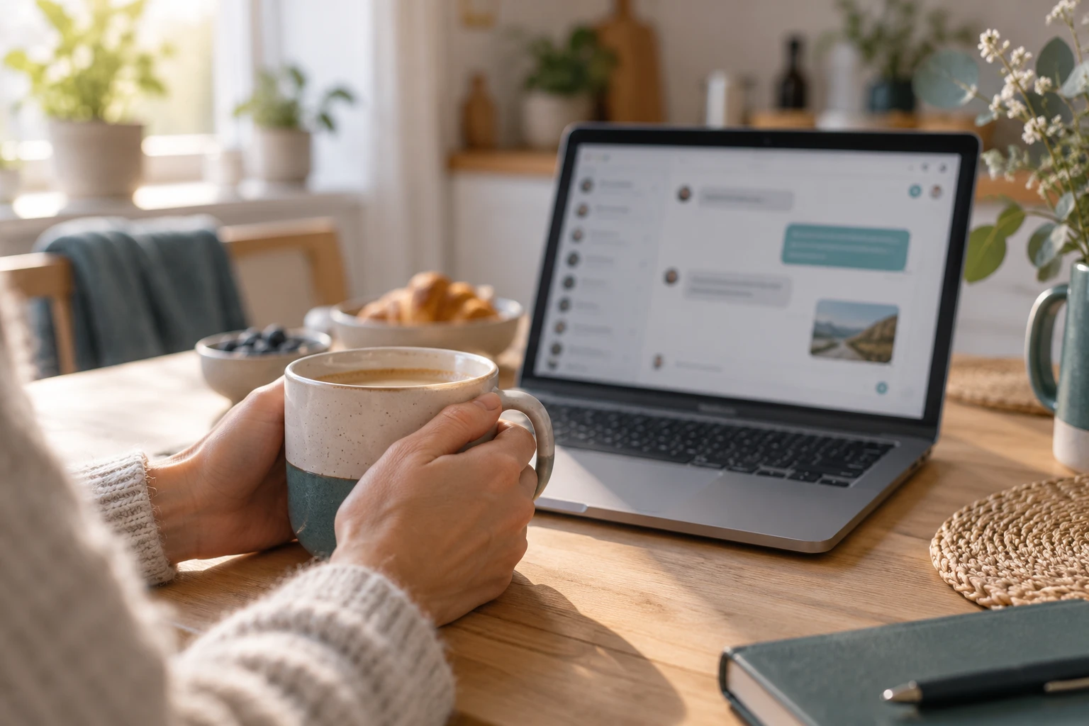 En kop kaffe ved siden af en bærbar computer på et køkkenbord