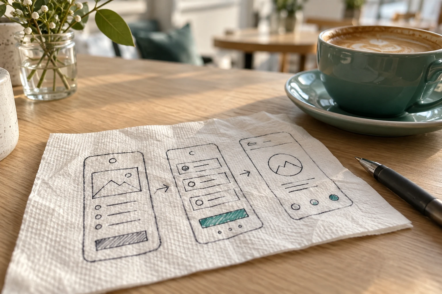 Skitse af en app tegnet på en serviet ved siden af en kop kaffe